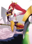 1girl arc_system_works armor armored_dress ass bare_shoulders blazblue blazblue:_chronophantasma bodysuit boots breasts detached_sleeves faulds female gradient gradient_background hair_ornament hair_tubes izayoi_(blazblue) kneeling large_breasts long_hair looking_at_viewer pantyhose ponytail red_eyes redhead serious shiny shiny_clothes showgirl_skirt solo sword very_long_hair weapon 