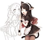  2girls apron black_hair blue_eyes cat_ears cat_tail hair_ribbon hand_holding ichinose_yukino isshoku_sokuhatsu_zen_girl_(vocaloid) jigokugata_ningen_doubutsuen_(vocaloid) long_hair maid maid_apron multicolored_hair multiple_girls nou_shou_sakuretsu_girl_(vocaloid) open_mouth ponytail ribbon simple_background smile tail thigh-highs unfinished vocaloid wink 