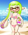  1girl bandaid bandaid_on_knee beach bikini blush clouds fangs green_hair hand_on_hip inkling kabyu knees_together_feet_apart nintendo octarian one-eyed open_mouth pink_eyes pointy_ears sky smile splatoon swimsuit tentacle_hair 