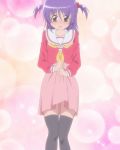  1girl collarbone dress dress_lift gradient gradient_background hayate_no_gotoku! highres open_mouth purple_hair red_eyes school_uniform segawa_izumi socks solo thigh-highs thigh_gap twintails 