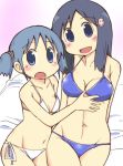  2girls bikini blue_hair breasts gradient gradient_background long_hair multiple_girls naganohara_mio naganohara_yoshino nichijou open_mouth short_hair short_twintails siblings sisters smile swimsuit twintails zubatto 