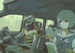  2girls :o ayanami_rei blue_eyes blue_hair car car_interior city driving eva_00 ground_vehicle mecha motor_vehicle multiple_girls neon_genesis_evangelion pointing school_uniform tomioka_jirou vehicle 