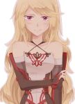  1girl bare_shoulders blonde_hair blush breasts detached_sleeves long_hair looking_at_viewer milla_(tales_of_xillia_2) pink_eyes simple_background skirt smile solo tales_of_(series) tales_of_xillia_2 white_background 
