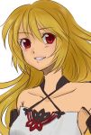  1girl bare_shoulders blonde_hair blush breasts long_hair milla_(tales_of_xillia_2) open_mouth red_eyes simple_background solo tales_of_(series) tales_of_xillia_2 