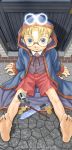  00s 1boy 2004 artist_name barefoot blonde_hair blue_eyes child cloak dagger dated feet glasses goblet hada_toshiya halo looking_at_viewer male_focus original outdoors short_hair shorts sitting solo toes weapon 