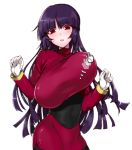  1girl 90s akira_(natsumemo) bangs black_legwear blunt_bangs blush breast_lift breasts cursor gloves gym_leader huge_breasts long_hair looking_at_viewer mouse_cursor natsume_(pokemon) pantyhose pokemon pokemon_(game) pokemon_rgby purple_hair red_eyes simple_background solo white_gloves 