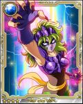  1girl armor card_(medium) energy female galaxy_card gradient gradient_background green_hair mask ophiuchus_shaina saint_seiya solo 