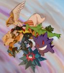  1boy arcanine baseball_cap black_hair dante_redstone gengar gradient gradient_background hat lucario nintendo pidgeot pokemon pokemon_(game) sceptile starmie 