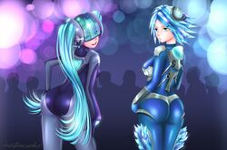  2girls alternate_costume armor ass blue_eyes blue_hair bodysuit breasts dj_sona from_behind frown gloves gradient gradient_background headgear helmet ice irelia katzueki league_of_legends leaning leaning_forward long_hair looking_back multiple_girls open_mouth short_hair sideboob smile sona_buvelle twintails very_long_hair 