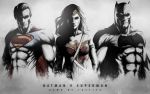  1girl 2boys abs alien amazon armband armor bat_(symbol) batman batman_(series) ben_affleck bodysuit bruce_wayne cape copyright_name dawn_of_justice dc_comics dccu eagle_(symbol) gal_gadot glare gradient gradient_background henry_cavill kryptonian mask monochrome multiple_boys muscle niyoarts red_cape s_shield strapless superman superman_(series) tiara trio wonder_woman wonder_woman_(series) 