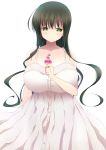  1girl bare_shoulders black_hair blush breasts cleavage dress flower green_eyes huge_breasts hyuuga_takashi iwato_kasumi long_hair looking_at_viewer saki simple_background smile solo 