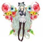  1girl aqua_hair flower green_eyes hair_ornament multicolored_hair muzet_(tales) pantyhose pointy_ears ribbon rose school_uniform simple_background skirt solo tales_of_(series) tales_of_xillia tales_of_xillia_2 very_long_hair 