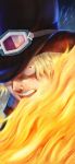  1boy blonde_hair fire gloves goggles goggles_on_hat gradient gradient_background hat male_focus one_piece sabo_(one_piece) scar solo top_hat 