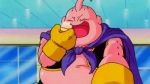  1boy 90s animated animated_gif antennae cake cape closed_eyes dragon_ball dragonball_z eating food gloves happy majin_buu male_focus monster pink_skin shop solo sweets window 