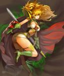  1girl blonde_hair boots breasts cape cleavage elf female gloves gradient gradient_background gurimjang high_heel_boots high_heels large_breasts long_hair messy_hair original pauldrons pointy_ears ponytail solo sword warrior weapon yellow_eyes 