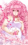  1girl bare_shoulders blush breasts cleavage curly_hair dress drill_hair felipone gem lipstick looking_at_viewer makeup parted_lips petals pink_eyes pink_hair plump rose_quartz_universe steven_universe very_long_hair 