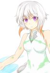  1girl aquarion_(series) aquarion_logos bare_shoulders blush breasts multicolored_hair short_hair simple_background smile solo tsukigane_maia violet_eyes white_hair 