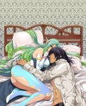  1boy 1girl abs aqua_hair ass bare_shoulders black_hair blush bracelet breasts dark_skin detached_sleeves dress gaius_(tales) green_eyes jewelry long_hair lying multicolored_hair muzet_(tales) pants pantyhose pillow red_eyes short_hair tales_of_(series) tales_of_xillia tales_of_xillia_2 