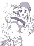  1girl blush breasts dripping erect_nipples female fullmetal_alchemist happy large_breasts long_hair metata monochrome navel open_mouth smile solo sweat under_boob winry_rockbell 