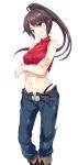  1girl belt black_eyes black_hair boots breasts clenched_teeth crossed_arms dmm drive_on_requesta game_cg halterneck legs long_hair looking_at_viewer midriff navel pants ponytail simple_background sleeveless small_breasts smile solo standing teeth thighs white_background 