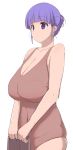  1girl bare_shoulders breasts brown_swimsuit cleavage collarbone female highres huge_breasts namamo_(kura) one-piece_swimsuit plump purple_hair short_hair simple_background sketch solo standing swimsuit violet_eyes white_background 