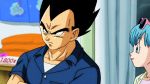  10s 1boy 1girl 2015 animated animated_gif aqua_hair black_eyes black_hair blue_eyes blue_hair blue_shirt bulma couple dragon_ball dragon_ball_super eye_contact frown holding jewelry looking_at_another necklace shirt smile sunglasses vegeta 