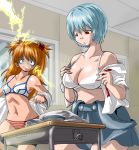  2girls ayanami_rei blue_eyes blue_hair bra breast_envy breasts cleavage large_breasts long_hair marimo_(ankokumarimo) multiple_girls neon_genesis_evangelion orange_hair panties quality red_eyes short_hair small_breasts souryuu_asuka_langley underwear undressing 