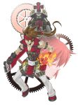  1girl 2boys ano_otoko arc_system_works aria_(guilty_gear) artist_request bare_shoulders belt brown_hair closed_eyes fingerless_gloves fire gears gloves guilty_gear headband hood long_hair multiple_boys pants ponytail red_eyes redhead simple_background sol_badguy sword vest weapon 