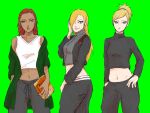  3girls alternate_costume aqua_eyes blonde_hair collarbone cosplay cowboy_shot food green_background karui lips long_sleeves looking_at_viewer midriff multiple_girls naruto navel off_shoulder ponytail redhead simple_background sleeveless smile temari turtleneck yamanaka_ino zipper 