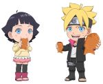  1boy 1girl ahoge blonde_hair boruto:_the_movie brother_and_sister eating forehead_protector naruto official_art purple_hair siblings simple_background taiyaki uzumaki_boruto uzumaki_himawari whiskers 