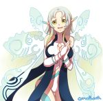  1girl bare_shoulders blue_hair bracelet breasts cleavage cleavage_cutout detached_sleeves dress gradient gradient_background green_eyes jewelry long_hair multicolored_hair muzet_(tales) open_mouth pointy_ears solo tales_of_(series) tales_of_xillia tales_of_xillia_2 wings 