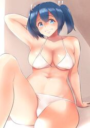  1girl arm_support armpits bifidus bikini blue_eyes blue_hair blush breasts curvy female gradient gradient_background grin hair_ribbon hand_on_own_head kantai_collection large_breasts looking_at_viewer lying midriff navel on_back pose ribbon short_twintails sideboob sitting smile solo souryuu_(kantai_collection) swimsuit twintails wavy_mouth wide_hips 