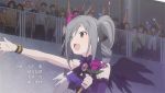  1girl animated animated_gif bare_shoulders crowd curly_hair dress flower glowstick grey_hair idolmaster kanzaki_ranko long_hair red_eyes ribbon rose smile twintails waving wings 
