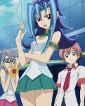  1boy 2girls black_legwear blush cathy_(yuu-gi-ou_zexal) city female kamishiro_rio legs long_hair multiple_girls screencap yu-gi-oh! yuu-gi-ou_zexal zettai_ryouiki 