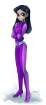  1girl black_hair bodysuit hair_ornament hairclip latex latex_suit lips looking_at_viewer mandy_(totally_spies) simple_background solo totally_spies violet_eyes 