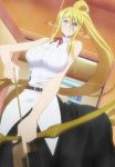  1girl angry arrow bare_shoulders belt blonde_hair blue_eyes blush bow breasts centaur centorea_shianus highres huge_breasts indoors long_hair monster_girl monster_musume_no_iru_nichijou screencap solo standing stitched weapon 