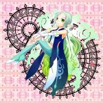  1girl aqua_hair bare_shoulders blush bracelet breasts detached_sleeves dress green_eyes jewelry multicolored_hair muzet_(tales) pantyhose pink_background pointy_ears smile tales_of_(series) tales_of_xillia tales_of_xillia_2 very_long_hair wings 