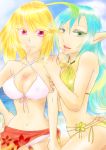  2girls ahoge artist_request ass bare_shoulders beach bikini blonde_hair blue_hair breasts cleavage gradient gradient_background green_eyes large_breasts long_hair midriff milla_maxwell multicolored_hair multiple_girls muzet_(tales) open_mouth pink_eyes short_hair swimsuit tales_of_(series) tales_of_xillia tales_of_xillia_2 water yuri 