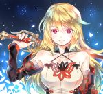  1girl bare_shoulders blonde_hair blue_background breasts detached_sleeves gradient gradient_background long_hair milla_(tales_of_xillia_2) pink_eyes smile solo sword tales_of_(series) tales_of_xillia_2 weapon 
