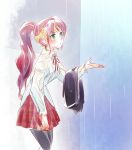  1girl forehead_protector gradient gradient_background green_eyes iesupa long_hair ponytail pyrrha_nikos rain redhead rwby school_uniform skirt solo thigh-highs wet_clothes 