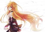  1girl bare_shoulders breasts detached_sleeves milla_(tales_of_xillia_2) open_mouth orange_hair ribbon simple_background skirt solo tales_of_(series) tales_of_xillia_2 very_long_hair violet_eyes 