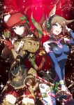  2girls animal_ears armor beret braid brown_hair candy candy_cane contrapposto cosplay d.va_(overwatch) d.va_(overwatch)_(cosplay) dark.h facial_mark final_fantasy final_fantasy_xiv food fur_trim gift hat headphones long_hair miniskirt miqo&#039;te multiple_girls overwatch pauldrons ribbon short_hair skin_tight skirt slit_pupils tail tail_ribbon twin_braids 