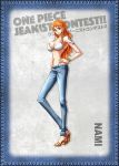  1girl bare_arms bare_shoulders bikini_top blue_jeans bracelet breasts brown_eyes character_name cleavage closed_mouth copyright_name denim earrings feet female full_body hand_on_hip high_heel_sandals high_heels jeans jewelry large_breasts long_hair midriff nami_(one_piece) no_socks one_piece orange_hair sandals slender_waist solo standing tattoo 