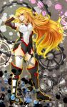  1girl armpits bare_shoulders boots breasts detached_sleeves grey_background lips long_hair milla_(tales_of_xillia_2) multicolored_hair orange_hair pink_eyes ribbon skirt tales_of_(series) tales_of_xillia_2 