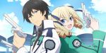  1boy 1girl :d angelina_kudou_shields angie_sirius back-to-back black_hair blonde_hair blue_eyes clouds couple drill_hair dual_wielding friends gun hair_between_eyes hair_ribbon holding holding_gun holding_weapon jacket long_sleeves looking_at_viewer looking_back mahouka_koukou_no_rettousei necktie open_mouth outdoors ribbon school_uniform serious shiba_tatsuya short_hair sky smile twin_drills twintails upper_body weapon 