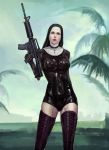  1girl black_legwear blue_eyes bodysuit boots breasts cross-laced_footwear female gloves gradient gradient_background gun habit hitman_(game) lace-up_boots large_breasts latex latex_gloves lipstick makeup nun rifle skin_tight solo thigh-highs thigh_boots w4 weapon 