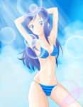  1girl absurdres armpits arms_up bikini blue_eyes blue_hair blush breasts cleavage clouds dokidoki!_precure gradient gradient_background highres hishikawa_rikka lens_flare long_hair looking_at_viewer navel nuts_21 precure sky slender_waist solo swimsuit 