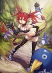  1girl ass bangle bat_wings boots bracelet butt_crack demon_girl demon_tail demon_wings disgaea earrings elbow_gloves etna fangs flat_chest gloves jewelry kuon_(kwonchanji) laharl looking_at_viewer mini_wings necklace pointy_ears prinny red_eyes redhead short_hair skull_earrings spiky_hair tail thigh-highs wings 