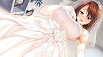  1girl blush breasts bridal_veil bride brown_hair earrings elbow_gloves erect_nipples game_cg gloves highres hozumi_kaoru huge_breasts ichinose_natsumi itsu_made_mo_musuko_no_mama_ja_irarenai! jewelry looking_at_viewer milf open_mouth red_eyes short_hair smile solo standing veil wedding_dress 