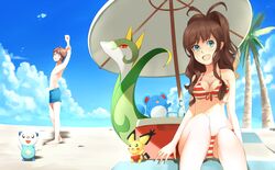  1boy 1girl animal baby_pokemon barefoot beach beach_umbrella bikini blue_eyes blue_swimsuit blush brown_hair creatures_(company) cute drink female_swimwear fruit game_freak gen_2_pokemon gen_5_pokemon long_hair looking_at_viewer love male_swimwear marill mouse nintendo ocean one_eye_closed oshawott otter outdoors palmtree pichu pokemon pokemon_(creature) pokemon_bw ragecndy red_bikini red_swimsuit sand serperior short_hair sky smile snake striped_swimsuit summer swim_trunks swimsuit touko_(pokemon) touya_(pokemon) towel umbrella watermelon wink 